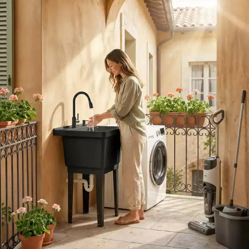 Tragbarer Spülbecken Waschtrog, Freistehendes Waschbecken mit Wasserhahn Seifenspender Schläuchen
