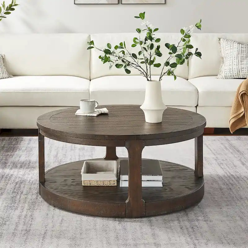 40 Moderne, runde 2-stöckige Couchtisch mit Holzmaserung-Platte und 4 Rollen unten, geeignet für Wohnzimmer, Schlafzimmer, Büro