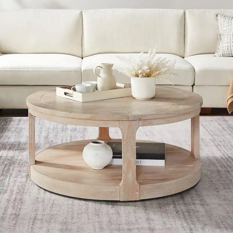 40 Moderne, runde 2-stöckige Couchtisch mit Holzmaserung-Platte und 4 Rollen unten, geeignet für Wohnzimmer, Schlafzimmer, Büro