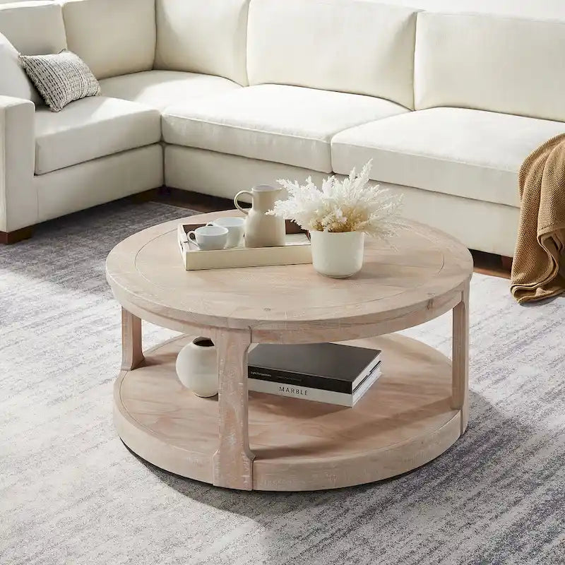 40 Moderne, runde 2-stöckige Couchtisch mit Holzmaserung-Platte und 4 Rollen unten, geeignet für Wohnzimmer, Schlafzimmer, Büro