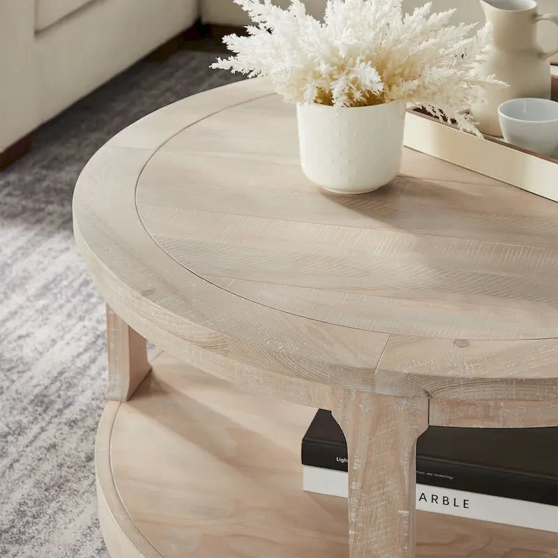 40 Moderne, runde 2-stöckige Couchtisch mit Holzmaserung-Platte und 4 Rollen unten, geeignet für Wohnzimmer, Schlafzimmer, Büro