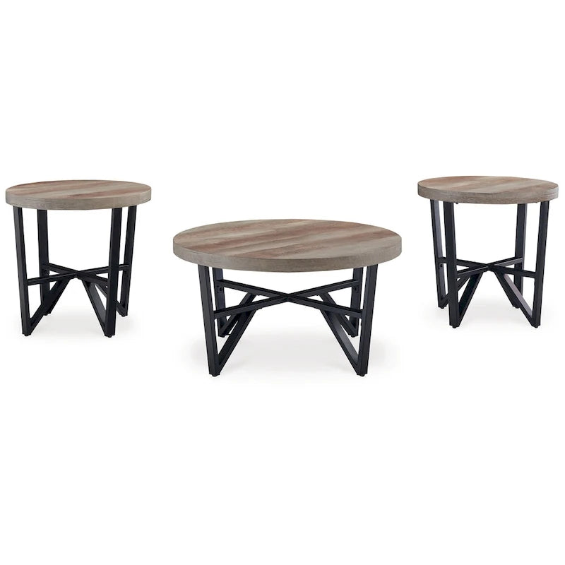 Hya 3-teiliges Couch- und Beistelltisch-Set, braune Holzplatte, schwarz gewinkelt
