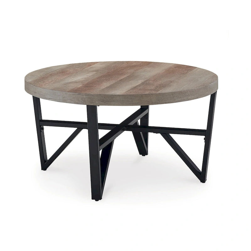 Hya 3-teiliges Couch- und Beistelltisch-Set, braune Holzplatte, schwarz gewinkelt