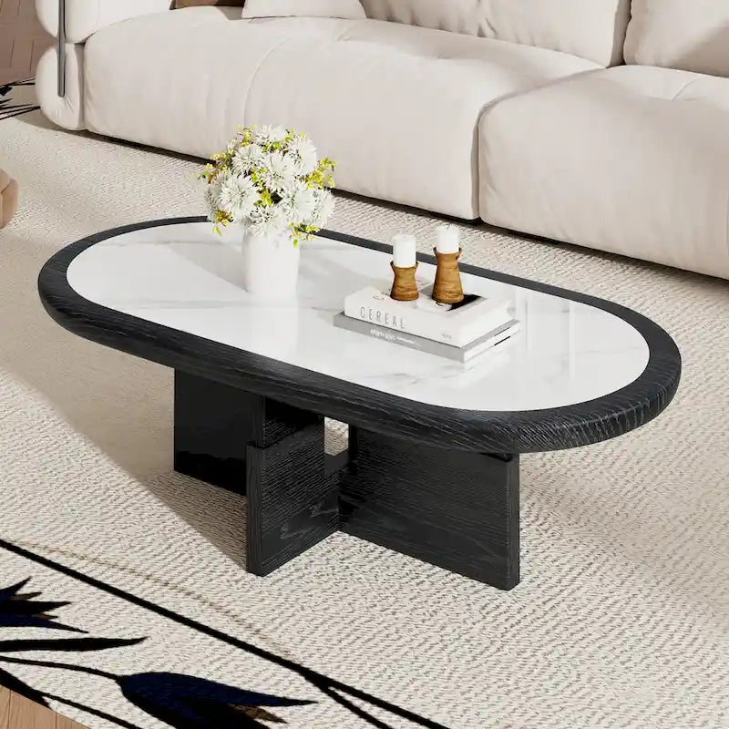 Mid Century 47.24 Ovaler Couchtisch, schwarzes Massivholzfurnier mit weißer, glänzender Sinterstein-Tischplatte