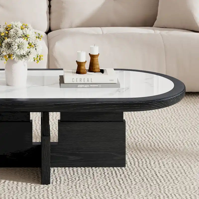 Mid Century 47.24 Ovaler Couchtisch, schwarzes Massivholzfurnier mit weißer, glänzender Sinterstein-Tischplatte