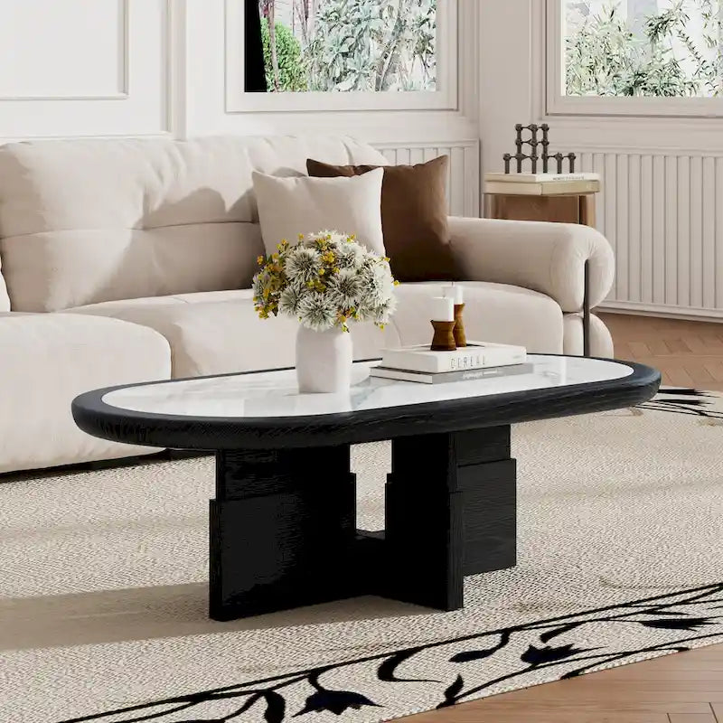 Mid Century 47.24 Ovaler Couchtisch, schwarzes Massivholzfurnier mit weißer, glänzender Sinterstein-Tischplatte