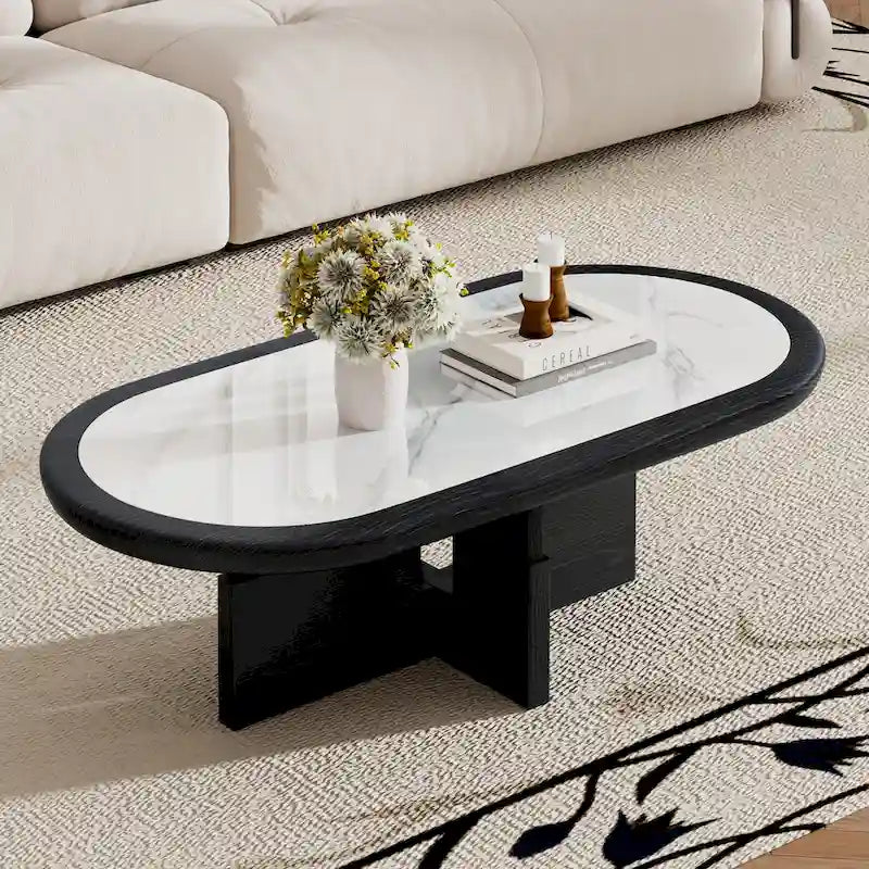 Mid Century 47.24 Ovaler Couchtisch, schwarzes Massivholzfurnier mit weißer, glänzender Sinterstein-Tischplatte