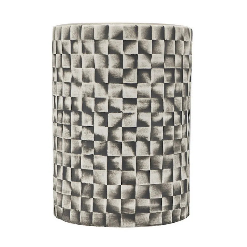 18-Zoll-Hocker-Tisch, Keramik, zylindrisch, strukturierte Geometrie, Outdoor, Grau