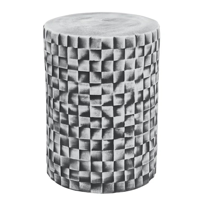 18-Zoll-Hocker-Tisch, Keramik, zylindrisch, strukturierte Geometrie, Outdoor, Grau