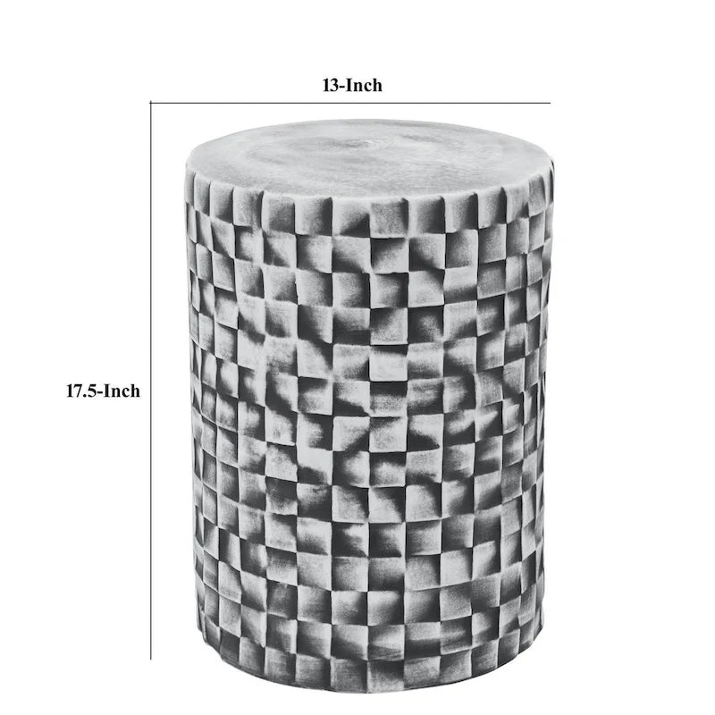 18-Zoll-Hocker-Tisch, Keramik, zylindrisch, strukturierte Geometrie, Outdoor, Grau