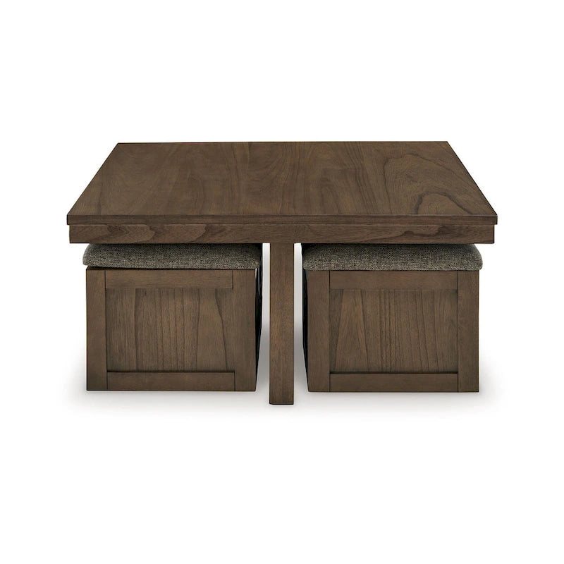 Olaf Couchtisch mit 4 verschachtelbaren Hockern, braunes Holz, Polyesterplatte