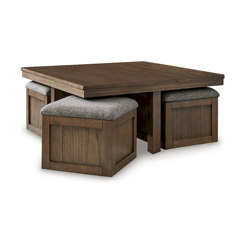 Olaf Couchtisch mit 4 verschachtelbaren Hockern, braunes Holz, Polyesterplatte