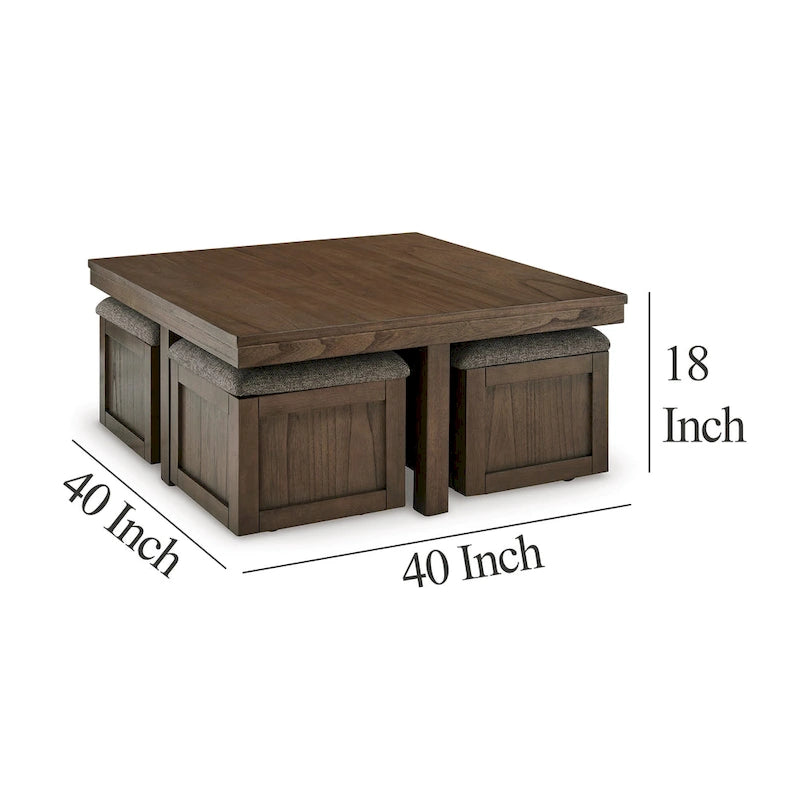Olaf Couchtisch mit 4 verschachtelbaren Hockern, braunes Holz, Polyesterplatte