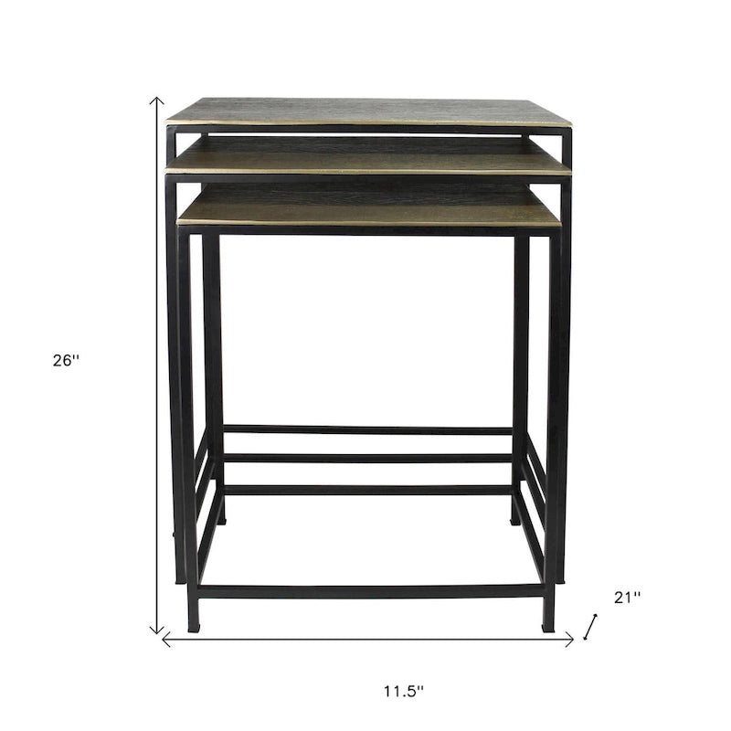 HomeRoots Dreiteiliger Set Beistelltische mit Messing-, Schwarzaluminium- und Eisenrahmen – 11,5' X 26' X 21'