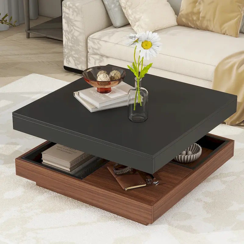 Moderner 2-stöckiger quadratischer 360°-drehbarer Couchtisch mit 3 abnehmbaren Ablagen
