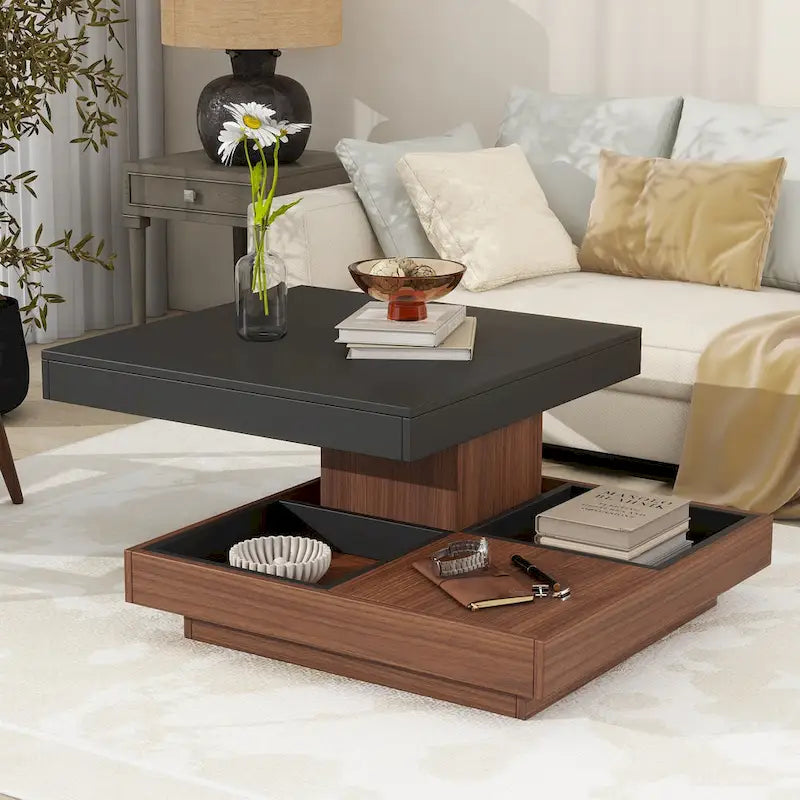 Moderner 2-stöckiger quadratischer 360°-drehbarer Couchtisch mit 3 abnehmbaren Ablagen