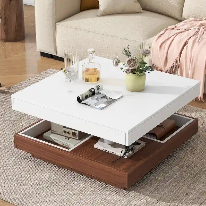 Moderner 2-stöckiger quadratischer 360°-drehbarer Couchtisch mit 3 abnehmbaren Ablagen