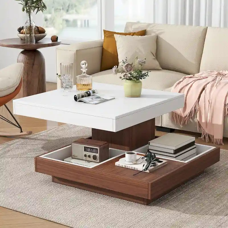 Moderner 2-stöckiger quadratischer 360°-drehbarer Couchtisch mit 3 abnehmbaren Ablagen