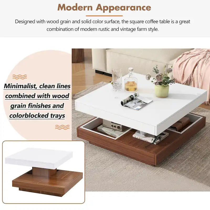 Moderner 2-stöckiger quadratischer 360°-drehbarer Couchtisch mit 3 abnehmbaren Ablagen