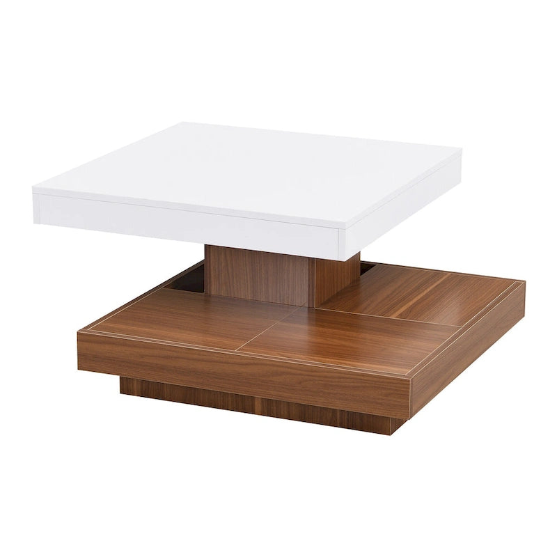 Moderner 2-stöckiger quadratischer 360°-drehbarer Couchtisch mit 3 abnehmbaren Ablagen
