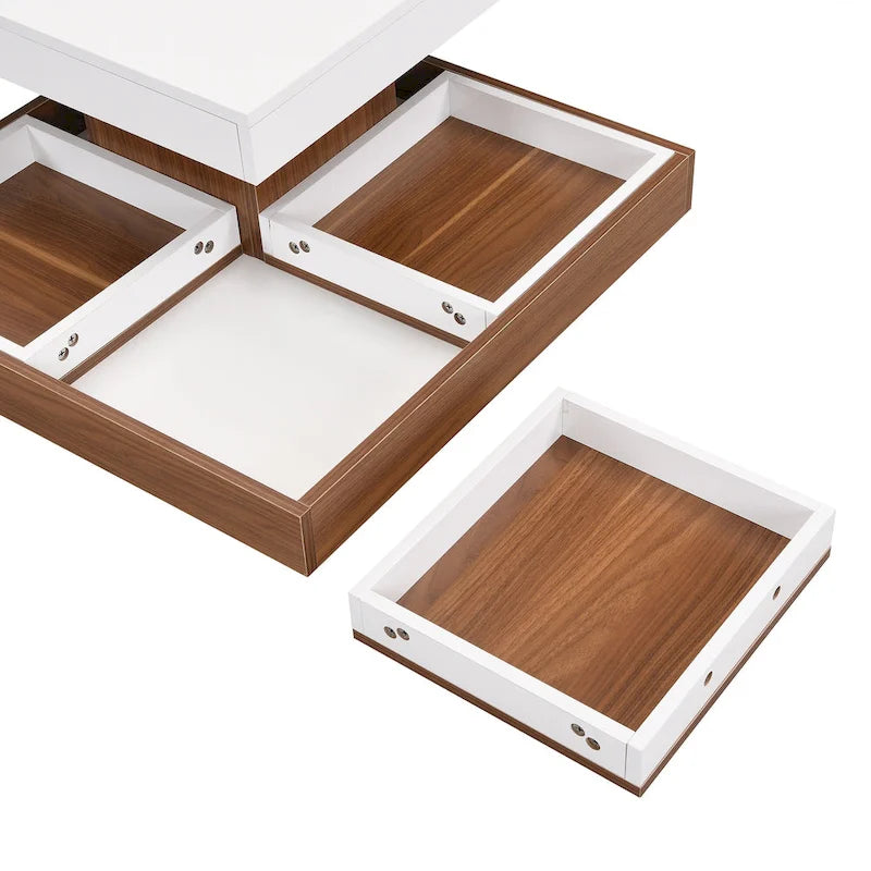 Moderner 2-stöckiger quadratischer 360°-drehbarer Couchtisch mit 3 abnehmbaren Ablagen