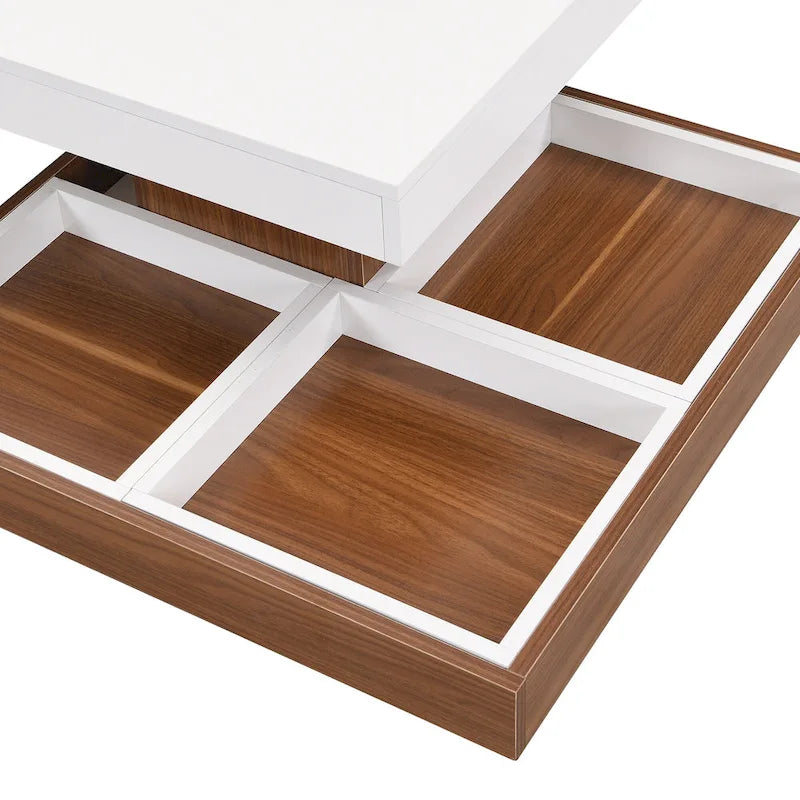 Moderner 2-stöckiger quadratischer 360°-drehbarer Couchtisch mit 3 abnehmbaren Ablagen