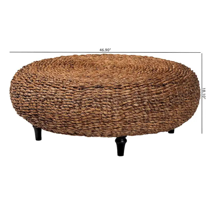 Riau Couchtisch aus handgewebter Seegras mit Holzbeinen - Runder Wohnzimmertisch aus natürlichem Korbgeflecht für Wohn- oder Schlafzimmerdekoration