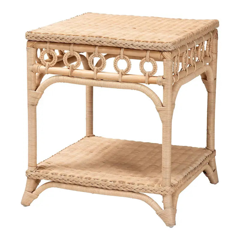 Oxford Flecht-Beistelltisch aus natürlichem Rattan mit Ablage – Boho-Tisch mit Schlaufenmuster, Küstenstil für Wohn- oder Schlafzimmer
