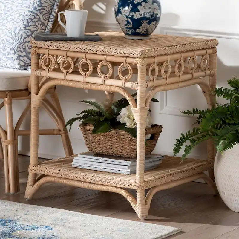 Oxford Flecht-Beistelltisch aus natürlichem Rattan mit Ablage – Boho-Tisch mit Schlaufenmuster, Küstenstil für Wohn- oder Schlafzimmer