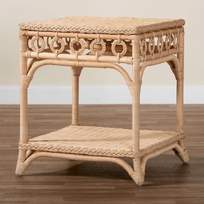 Oxford Flecht-Beistelltisch aus natürlichem Rattan mit Ablage – Boho-Tisch mit Schlaufenmuster, Küstenstil für Wohn- oder Schlafzimmer