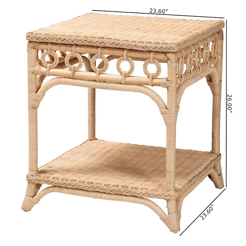 Oxford Flecht-Beistelltisch aus natürlichem Rattan mit Ablage – Boho-Tisch mit Schlaufenmuster, Küstenstil für Wohn- oder Schlafzimmer