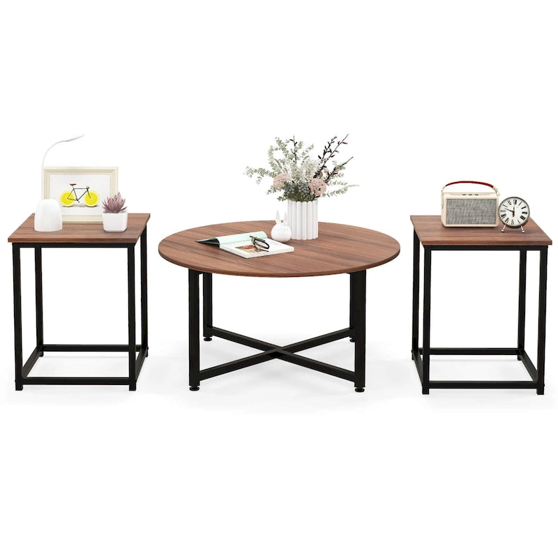 Costway 3-teiliges Kaffeetisch-Set, runder Couchtisch und 2 quadratische Beistelltische – Details ansehen
