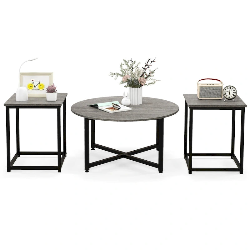 Costway 3-teiliges Kaffeetisch-Set, runder Couchtisch und 2 quadratische Beistelltische – Details ansehen