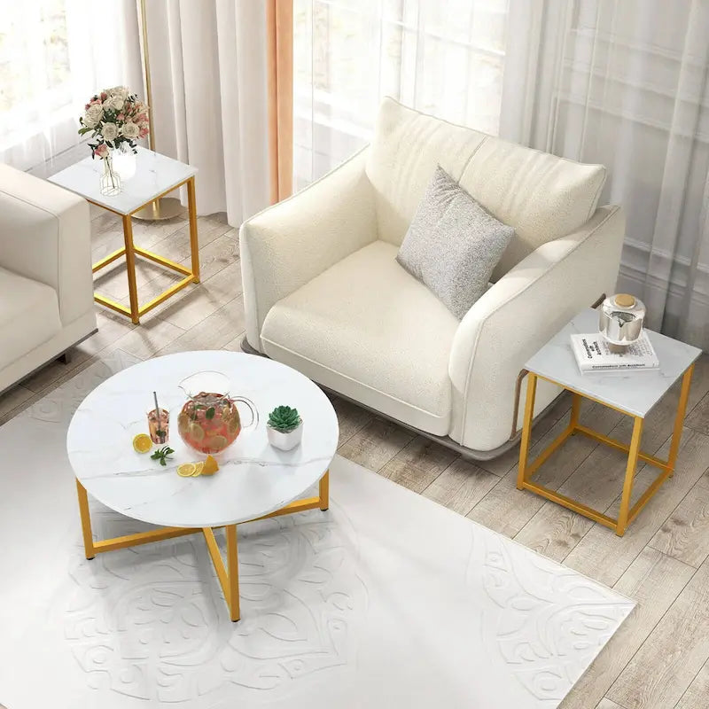 Costway 3-teiliges Kaffeetisch-Set, runder Couchtisch und 2 quadratische Beistelltische – Details ansehen