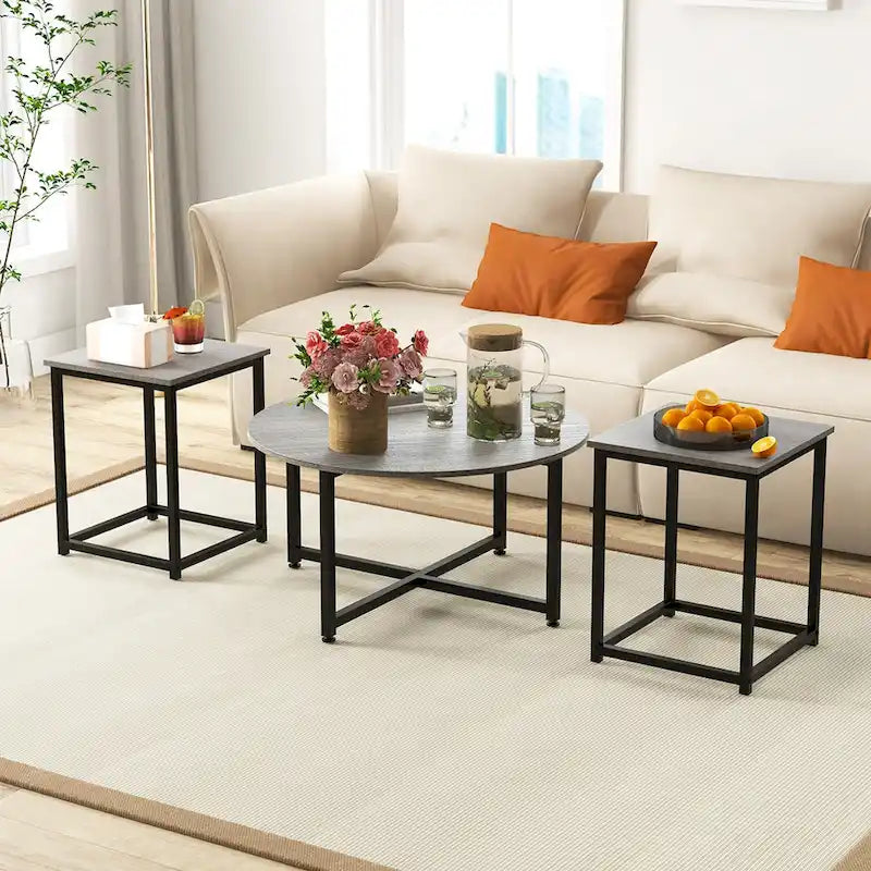 Costway 3-teiliges Kaffeetisch-Set, runder Couchtisch und 2 quadratische Beistelltische – Details ansehen