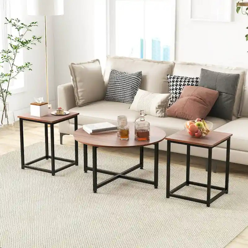 Costway 3-teiliges Kaffeetisch-Set, runder Couchtisch und 2 quadratische Beistelltische – Details ansehen