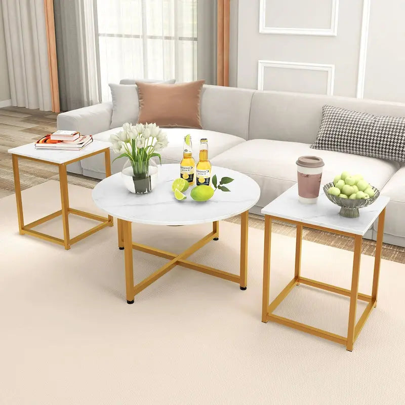 Costway 3-teiliges Kaffeetisch-Set, runder Couchtisch und 2 quadratische Beistelltische – Details ansehen
