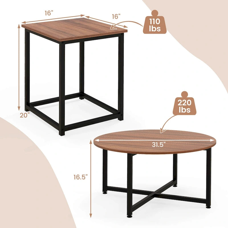 Costway 3-teiliges Kaffeetisch-Set, runder Couchtisch und 2 quadratische Beistelltische – Details ansehen