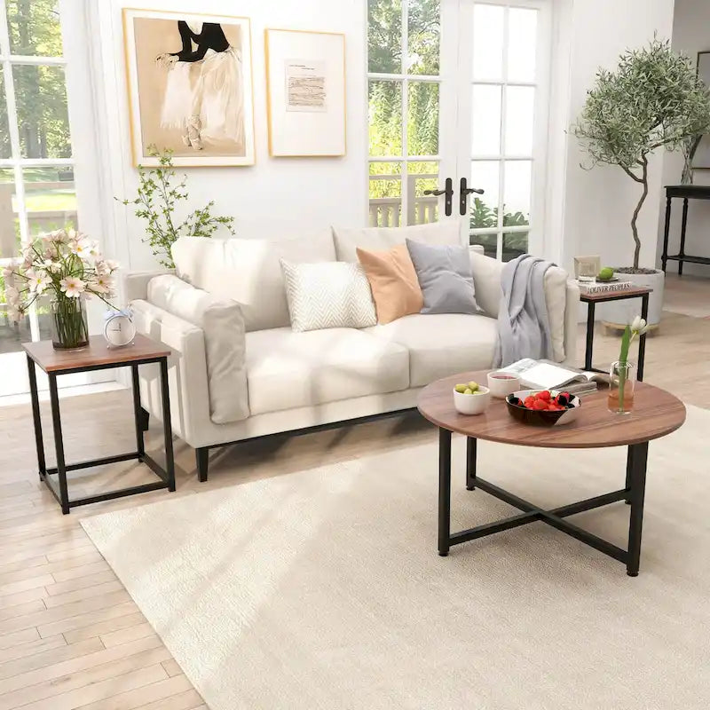 Costway 3-teiliges Kaffeetisch-Set, runder Couchtisch und 2 quadratische Beistelltische – Details ansehen