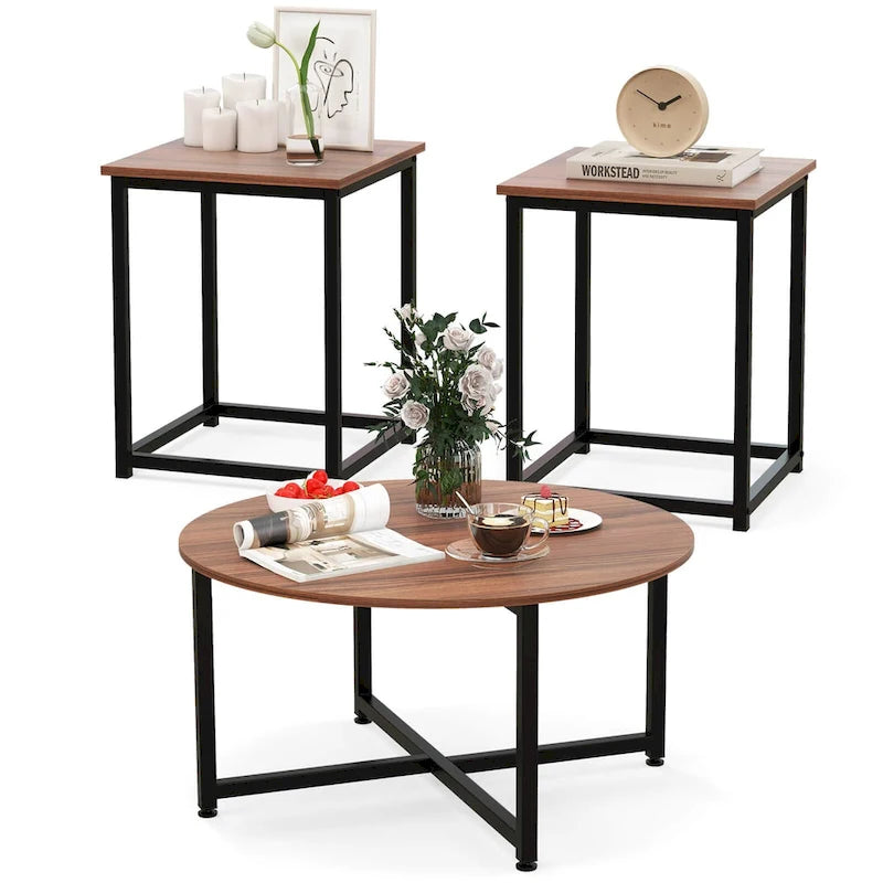 Costway 3-teiliges Kaffeetisch-Set, runder Couchtisch und 2 quadratische Beistelltische – Details ansehen