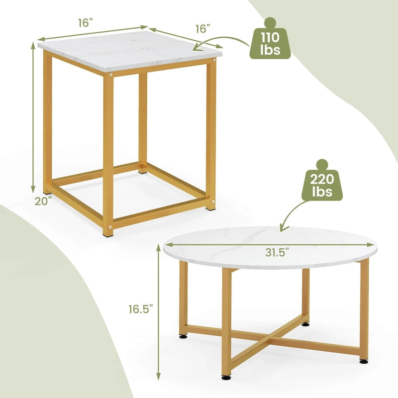 Costway 3-teiliges Kaffeetisch-Set, runder Couchtisch und 2 quadratische Beistelltische – Details ansehen