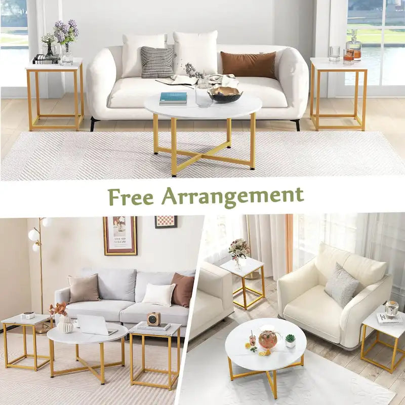 Costway 3-teiliges Kaffeetisch-Set, runder Couchtisch und 2 quadratische Beistelltische – Details ansehen