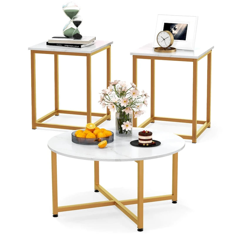 Costway 3-teiliges Kaffeetisch-Set, runder Couchtisch und 2 quadratische Beistelltische – Details ansehen