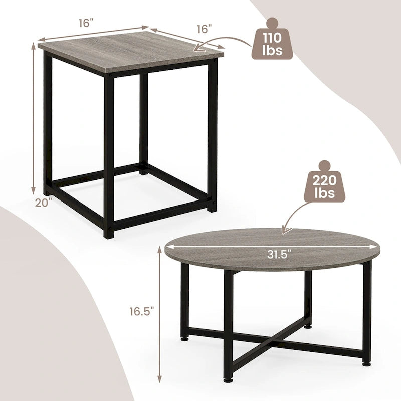 Costway 3-teiliges Kaffeetisch-Set, runder Couchtisch und 2 quadratische Beistelltische – Details ansehen