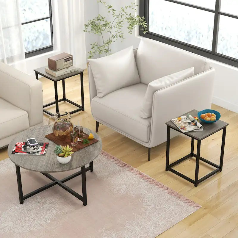 Costway 3-teiliges Kaffeetisch-Set, runder Couchtisch und 2 quadratische Beistelltische – Details ansehen