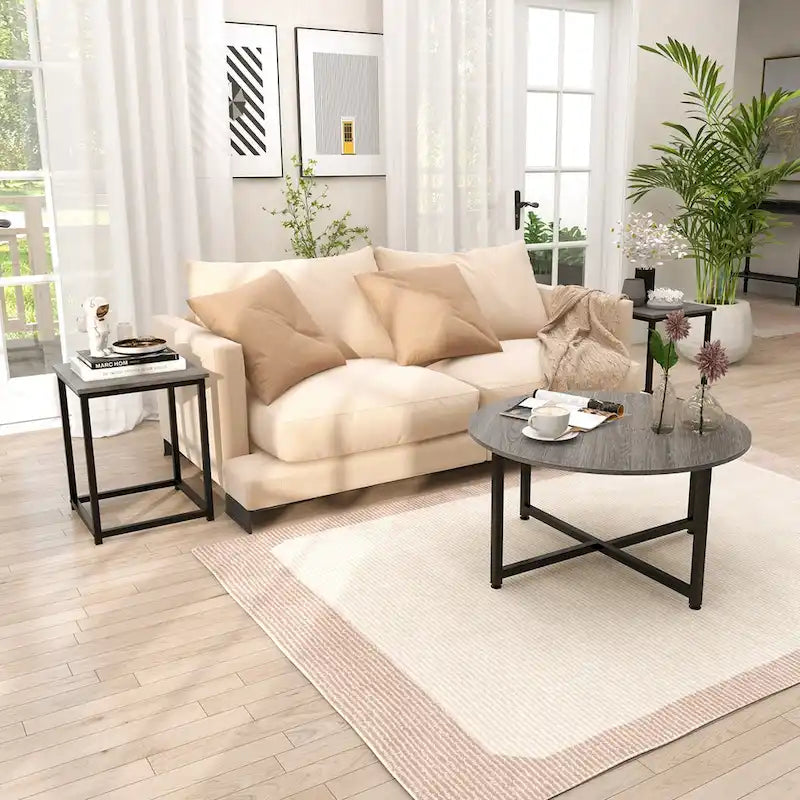 Costway 3-teiliges Kaffeetisch-Set, runder Couchtisch und 2 quadratische Beistelltische – Details ansehen