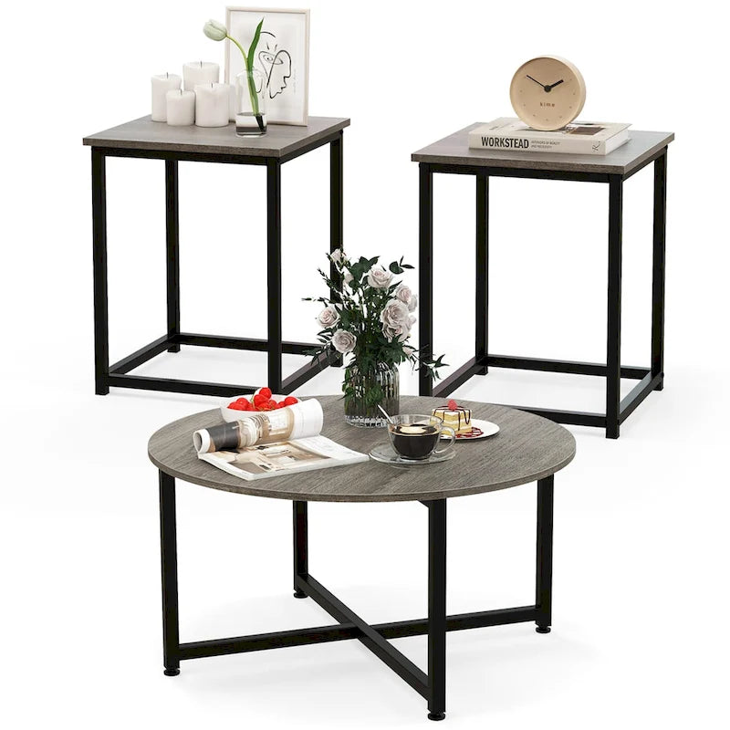 Costway 3-teiliges Kaffeetisch-Set, runder Couchtisch und 2 quadratische Beistelltische – Details ansehen
