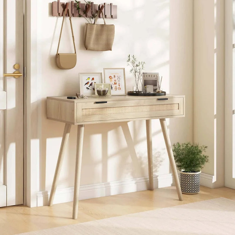 Costway Rattan-Konsolentisch mit ausziehbarer Schublade im Boho-Stil für den Eingangsbereich – Details ansehen