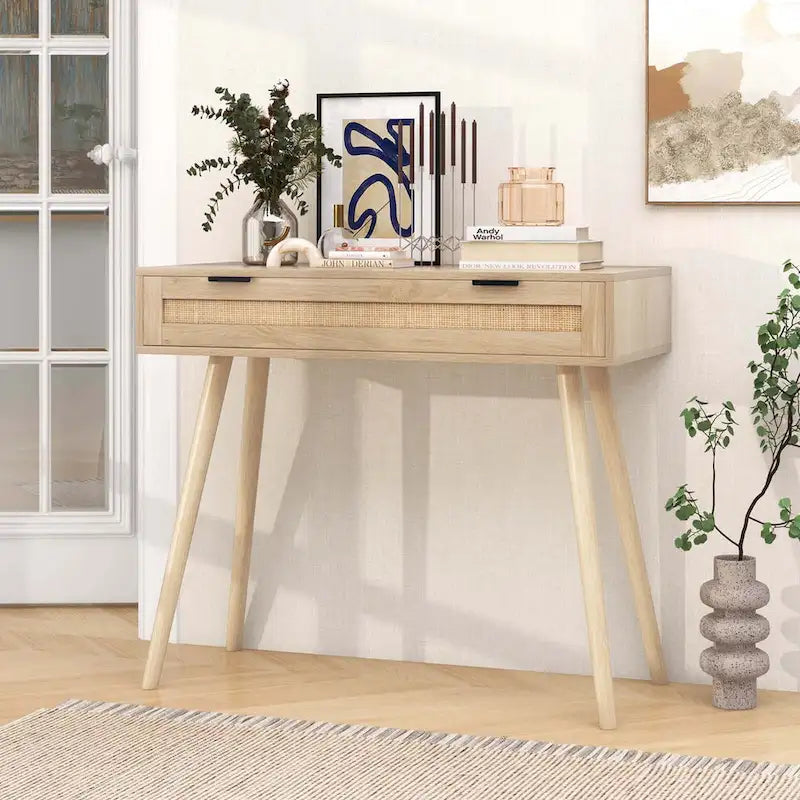 Costway Rattan-Konsolentisch mit ausziehbarer Schublade im Boho-Stil für den Eingangsbereich – Details ansehen