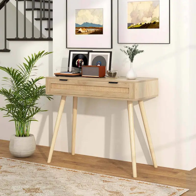 Costway Rattan-Konsolentisch mit ausziehbarer Schublade im Boho-Stil für den Eingangsbereich – Details ansehen